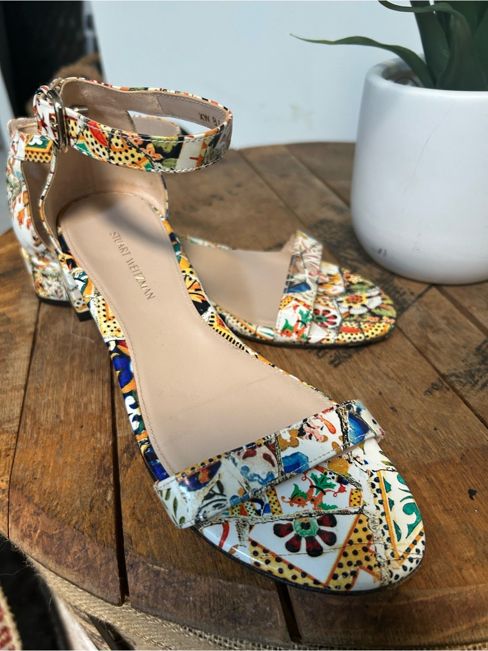 Stuart Weitzman Multi-Color Floral Tile Print Ankle-Strap Block Heels